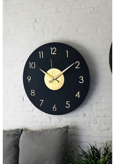 Ahşap Dekoratif Pleione Gold Aynalı Duvar Saati 48cm Siyah - Gold