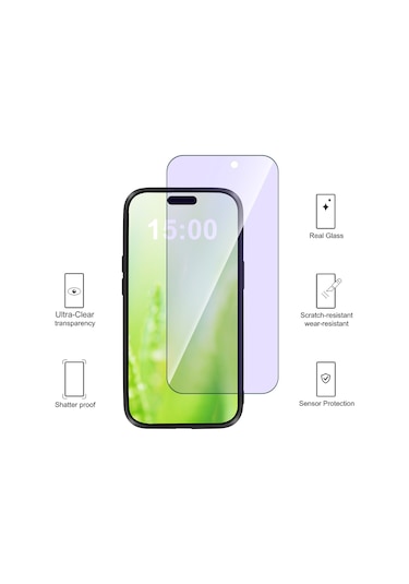 Yunboo İphone 15 Pro Max 6.7'' Mavi Işık Koruyucu Ultra Net Tam Kaplama Çizilmeye Dayanıklı Cam Ekran Koruyucu Gümüş