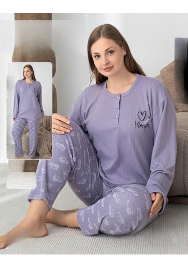 Lindros Kadın Pamuk'lu Düğme Yaka Raporlu İnterlok Kışlık Battal Pijama Takımı 05150 - 1 Adet Lila
