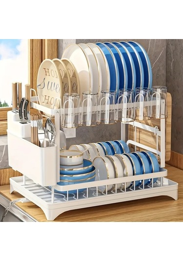 Honeybeeshop Siyah 2 Katlı Karbon Çelik Bulaşık Rafı Süzgeç Mutfak Eşyaları Tutucu Ve Bardak Askılı Siyah