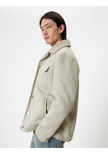 Koton Süet Görünümlü Ceket Slim Fit Peluş Detaylı Gömlek Yaka Bej 5wam20075hw Ekru