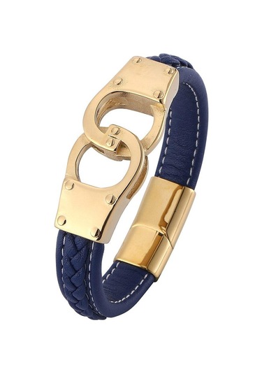 Punk Erkek Mavi Deri Bileklik Paslanmaz Çelik Charm Kelepçe Altın Rengi Moda Takı Bileklik Bb0743 Mavi