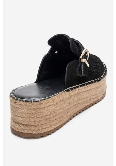 Luvishoes Louıs Siyah Süet Hakiki Deri Burnu Kapalı Hasır Dolgu Taban Terlik Siyah
