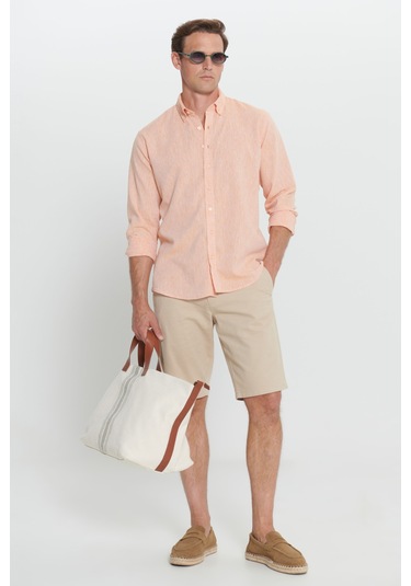 AC&Co / Altınyıldız Classics Erkek Turuncu Comfort Fit Rahat Kesim Düğmeli Yaka Keten Gömlek - Turuncu