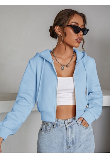 Kadın Kapüşonlu Fermuarlı Crop Hırka Sweatshirt -üç İplik Şardonlu