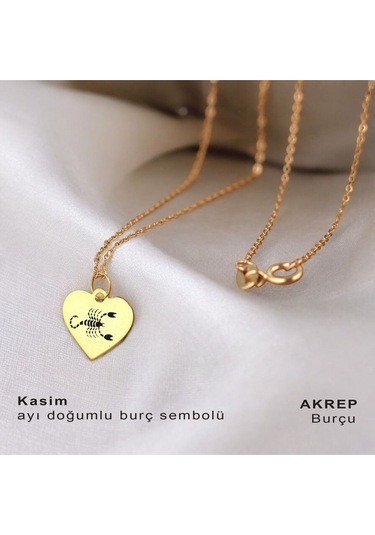 Archin Akrep Burçlarına Kalp Motifli Zincirli 14 Ayar Altın Plakalı Hediyelik Kolye-352burç Akrep