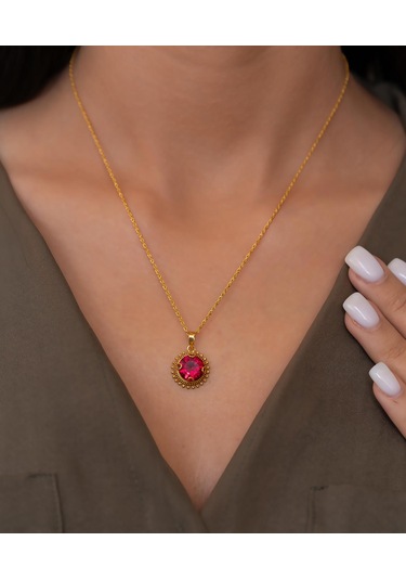 Bayar Gold 14 Ayar Altın Kırmızı Güneş Taşlı Kolye Sarı Altın