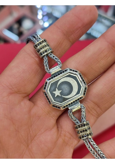 Modagümüşevi 925 Ayar Gümüş Ay Yıldızlı El Yapımı Hasır Bileklik, Ayyıldızlı Erkek Bileklik