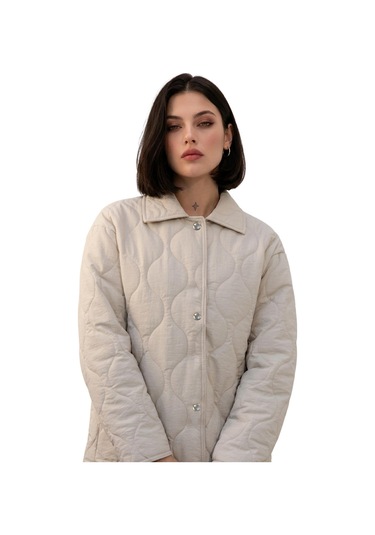Kadın Desenli Çıtçıtlı Çift Cepli Oversize Kapitone Ceket-391 Taş