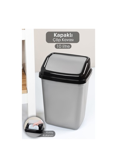 Kapaklı Plastik Çöp Kovası - Ev Ofis Banyo Mutfak Çöp Kovası Gri 10 Litre Gri