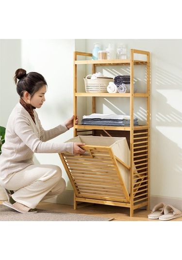 3 Organizer Raflı Ahşap Bambu Çek-aç Kirli Sepeti Diğer