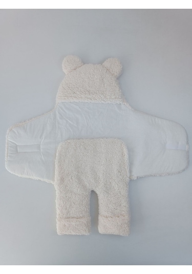 Bebek Dış Kundak Battaniyesi Welsoft Ekstra Uzun Kışlık Peluş Ayakları Açılabilen Uyku Tulumu 0-12ay Ekru