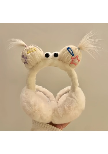 Elmpaly Beyaz Renkli Kadınlar İçin Sevimli Polar Kulaklık, Sıcak Rüzgar Geçirmez Kışlık Hediye