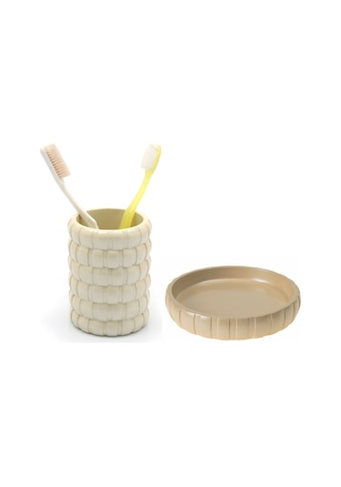 DİŞ FIRÇALIK VE SABUNLUK 2 Lİ BANYO SETİ,KREM ÖRGÜ Krem