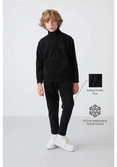 Tommy Life Siyah Kalın Yumuşak Dokulu Standart Fit Nakışlı Polar Erkek Çocuk Eşofman Takım - 11218 Siyah