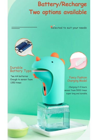 Xurunkeji Çocuklar İçin Otomatik Sabunluk Temassız El Sabunu Dağıtıcısı Banyo Tezgahı İçin Sevimli Dinozor Köpük Dağıtıcısı Yeşil