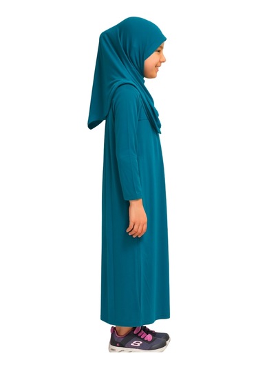 Penye Kendinden Başörtülü Çocuk Namaz Elbisesi Petrol Mavisi/ 6-7-8 Yaş Petrol