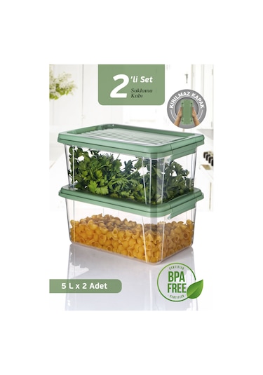 2'li 5 Lt Un Bakliyat Erzak Saklama Kabı Seti - Banyo Düzenleyici Deterjanlık Saklama Kutusu 2x5l Yeşil
