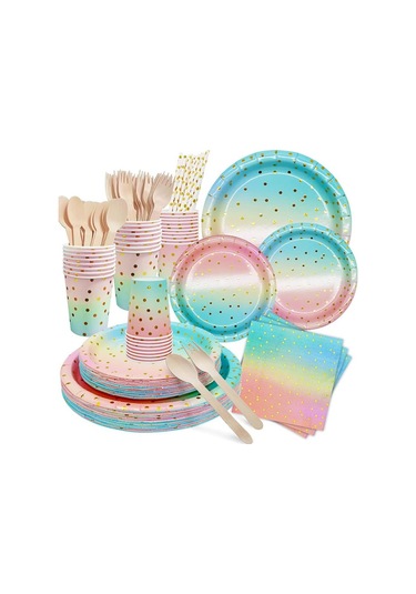 168 Parçalı Pembe Parti Malzemeleri, 24 Kişilik Tek Kullanımlık Tabaklar, Kağıt Tabaklar, Bardaklar, Peçeteler, Pipetler, Tahta Çatal Kaşıklar İçerir