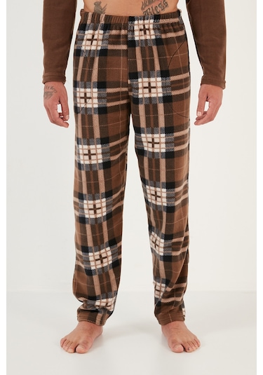 Buratti Ekoseli Regular Fit Düğmeli Bisiklet Yaka Kışlık Polar Erkek Pijama Takımı 60961002 Camel