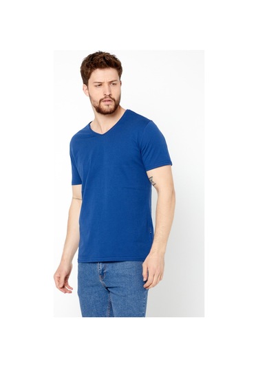 Comeor Erkek Mavi Basıc Slim Fit Pamuklu Kısa Kollu V Yaka T-Shir