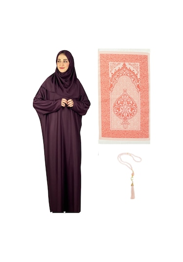Namaz Elbisesi Eşarp Seccade Tesbih Set, İslami Giyim Takım Ferace Turban Şal Vişne