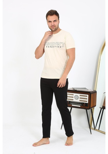 Akbeniz Erkek Kısa Kol Penye Pijama Takımı 6866 Krem Krem
