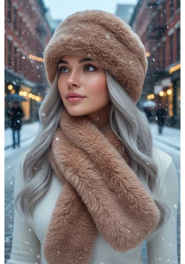 Tezzgelsin Kadın Kışlık Vegan Kürk Peluş Kalpak Şapka Ve Atkı Seti Camel