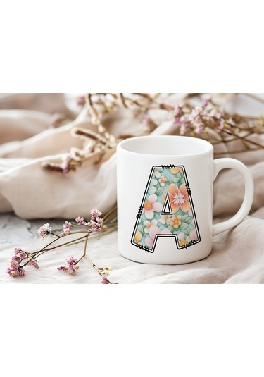 A Harfli Pastel Çiçek Desenli Kahve Kupası - Kişiye Özel Çiçekler Koleksiyonu Bardak - Hediye Beyaz
