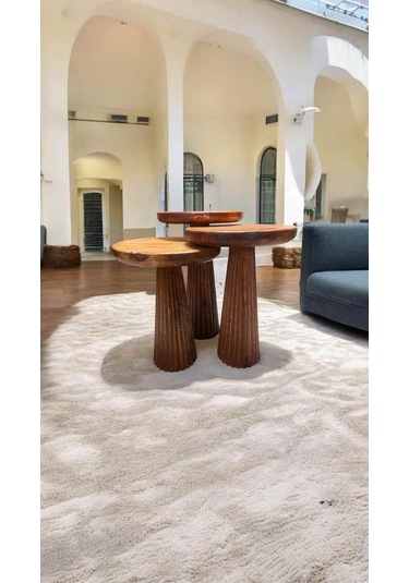 Masif Doğal Ahşap Mantar Sehpa 3 Lü Set Meşe Renk Zigon