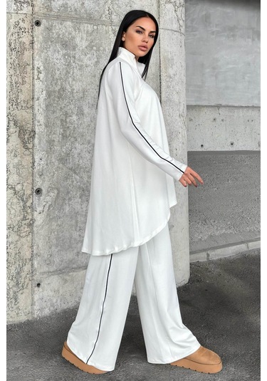 Ekru Asimetrik Kesim, Fermuarlı Bluz & Bol Paça Pantolon - Viskon İki İplik Kumaş Alt & Üst Takım Ekru