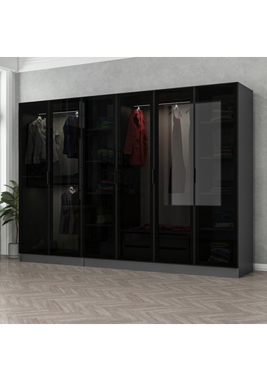 Minar Mobilya Minar Kale 6 Cam Kapaklı 2 Çekmeceli Gardırop Antrasit - Siyah