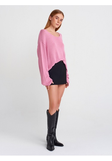 Dilvin 10706 Oval Yaka Yumuşak Dokulu Triko Kazak Pembe
