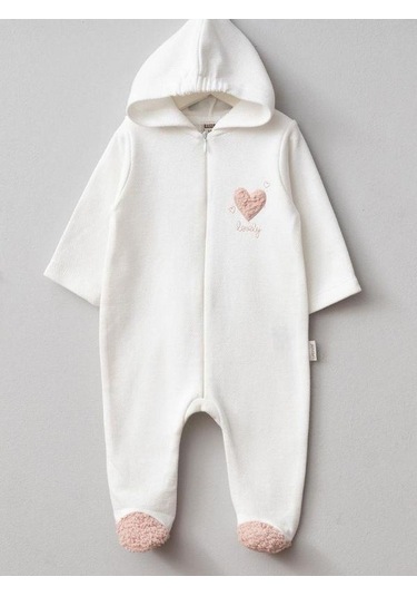 Kız Bebek Kalp Desenli Kapüşonlu Fermuarlı Tulum-15261 Ekru