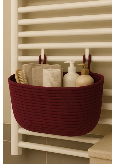 Dekoratif Askılı Banyo Sepeti 18 40 16 Cm Saklama Ve Düzenleyici Hasır Jüt Sepet Organizer El İşi Mürdüm