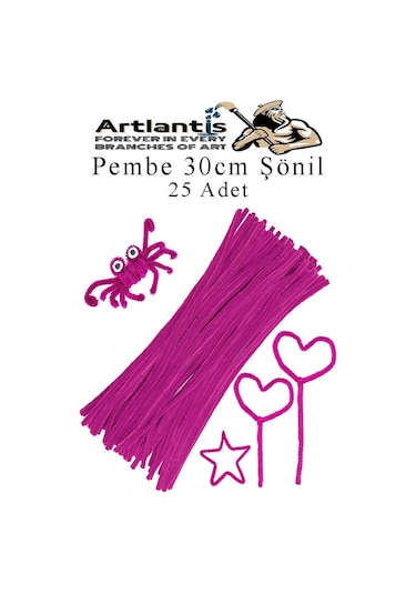 Şönil 30 Cm 25 Li 1 Paket Renkli Tüylü Tel Okul Öncesi Anasınıfı Kreş Hobi Eğitici Şönil Pipo Temizleyici Tüylü Tel Pembe