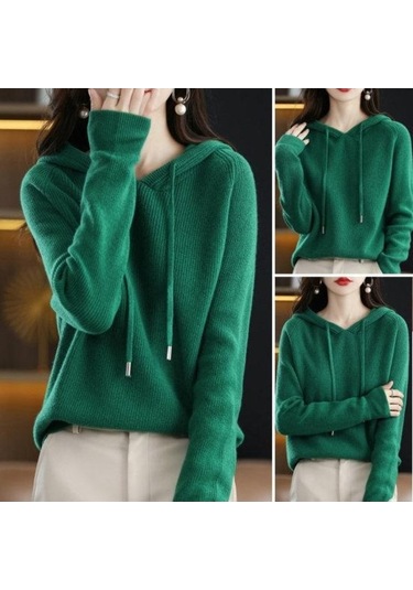 Novahub Kadın Hoodie Uzun Kollu Rahat Sıcak Düz Renk Örgü Kazak Kış Üstü Gri Renk Sonbahar Kış Giyim Gri