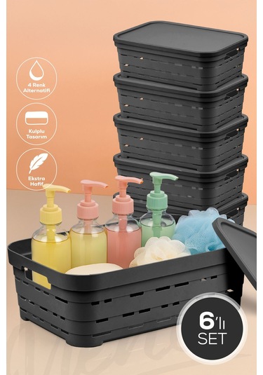 6'lı Kapaklı 8,2 Litre Delikli Saklama Kutusu Antrasit Antrasit