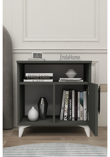 Vela Tek Kapaklı 2 Açık Bölmeli Komodin & Şifonyer Yatak Odası Başucu Düzenleyici Komidin - Antrasit