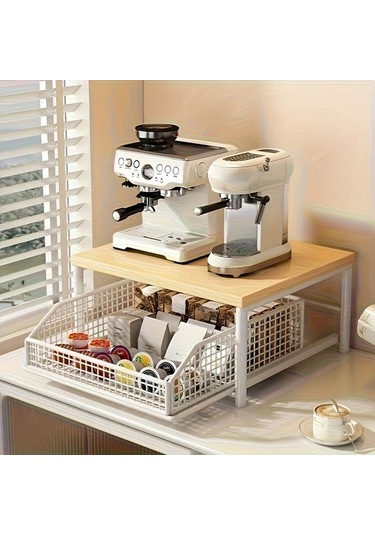 Honeybeeshop Siyah Metal Çerçeveli Ahşap Mikrodalga Rafı 37x26 Cm Çekmeceli Tezgah Düzenleyici