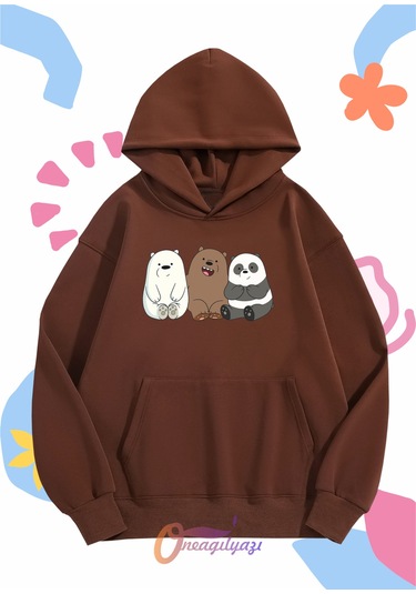 Çocuk Unisex Ayıcıklar Baskılı Oversize Kapüşönlü Sweatshirt Kahverengi