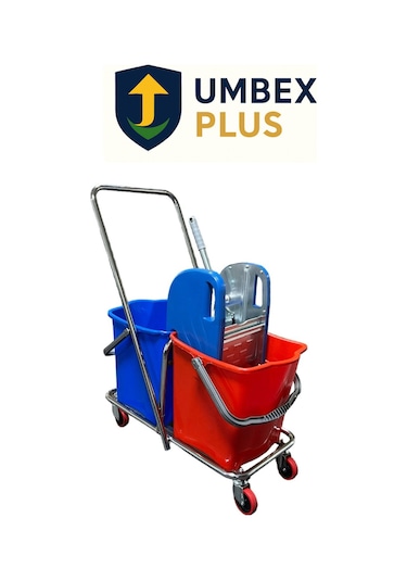 Umbex Çift Kovalı Paspas Arabası Krom Çelik Presli Temizlik Arabası Temizlik Seti Islak Mop Setli