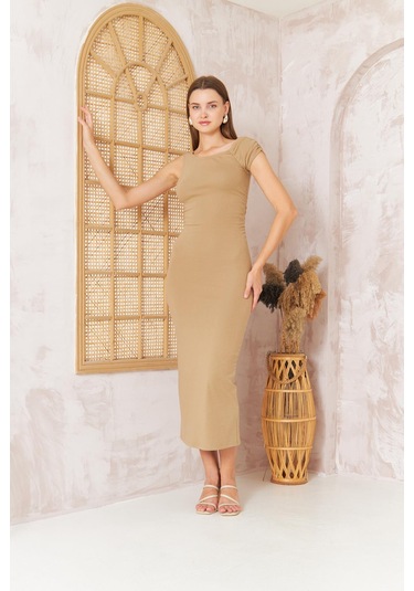 Kadın Kısa Kollu Tek Omuz Kaşkorse Bej Elbise Dm1051 Bej