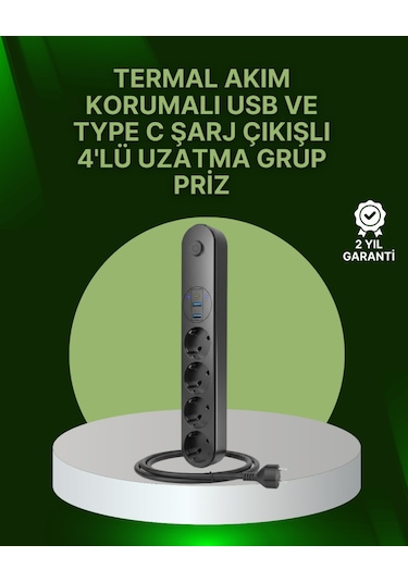 4 Priz 2 Usb 1 Type-c Akım Korumalı Çoklu Priz Led Anahtarlı Diğer