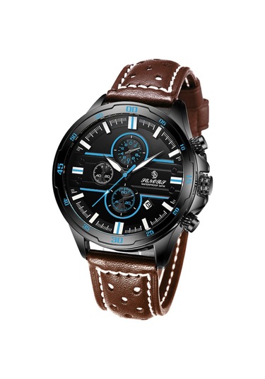 Klasik Erkek Kuvars Saat Senors Analog Kronograf Takvimli Kol Saati 3atm Su Geçirmez Çok Fonksiyonlu Spor Saat Deri Kayış Kahverengi Kayış Ve Mavi Kadran Diğer