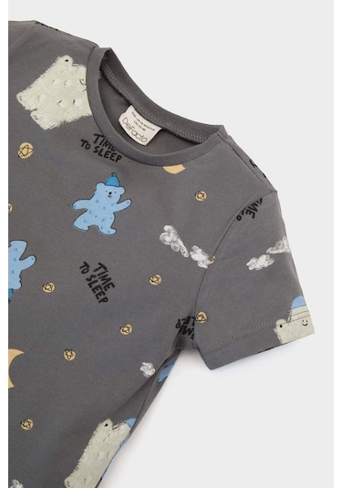 DeFacto Erkek Bebek Pijama Takımı Desenli Kısa Kollu Penye Üst Beli Lastikli Şort E1180A525HSGR310 Gri
