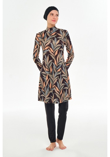 Likralı Tam Kapalı Tesettür Mayo Desenli 3105 Siyah Siyah