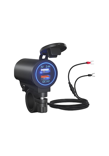 Maiyame Siyah Ip65 Su Geçirmez Usb Şarj Cihazı - Qc3.0 Hızlı Şarj + Normal Usb, M1 Anahtarlı Tutucu, Mavi Işık, 12-24v Dc