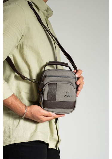 Kanvas 7 Bölmeli El Ve Omuz Erkek Çantası 413 Gri - Kahverengi