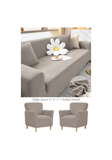 Upmall Tuğla Desen Koltuk Örtüsü Çekyat Kılıfı 3311 Takım Vizon